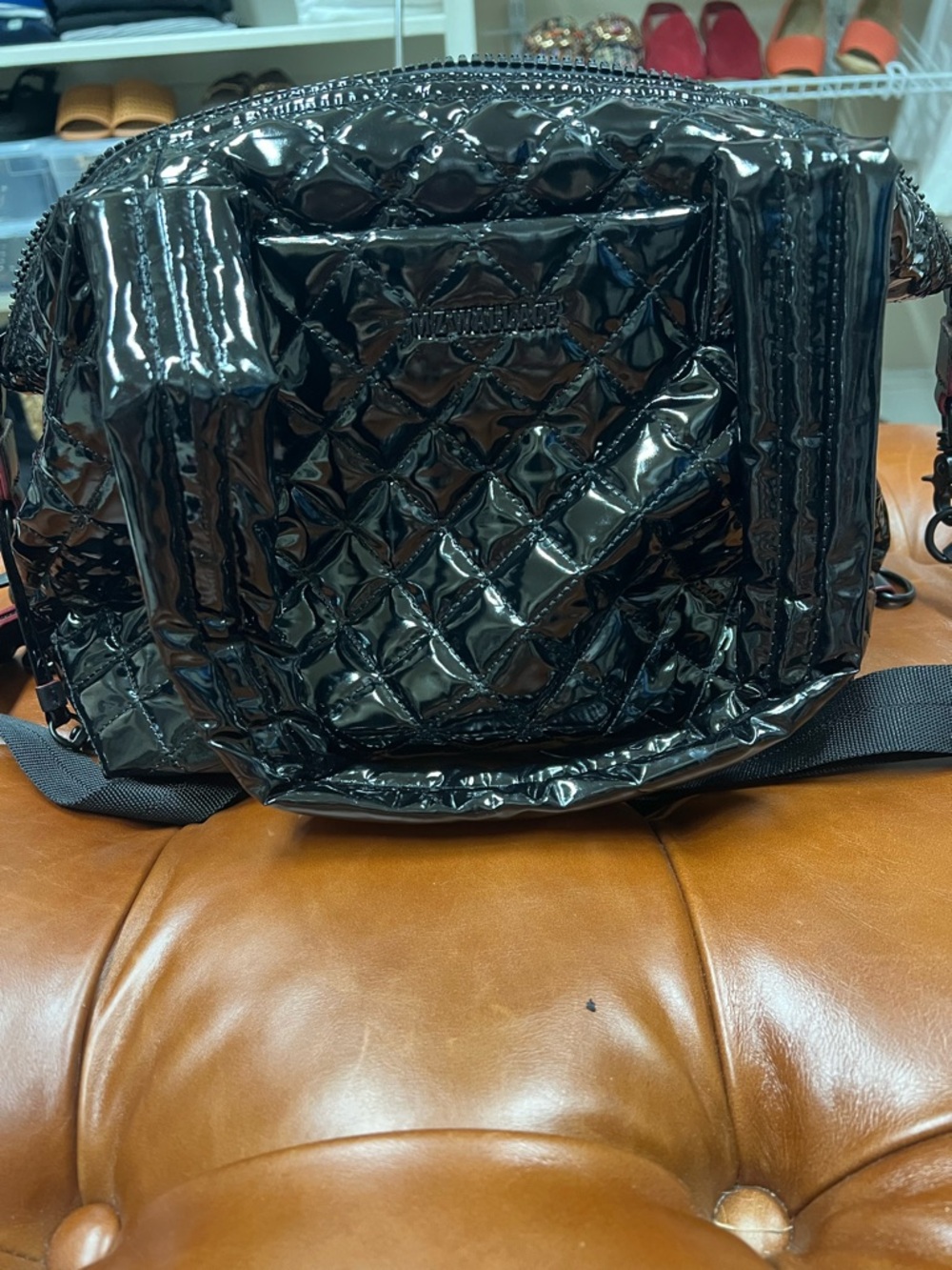 MZ Wallace Black Quilted Patent Crossbody with Contrasting Trim